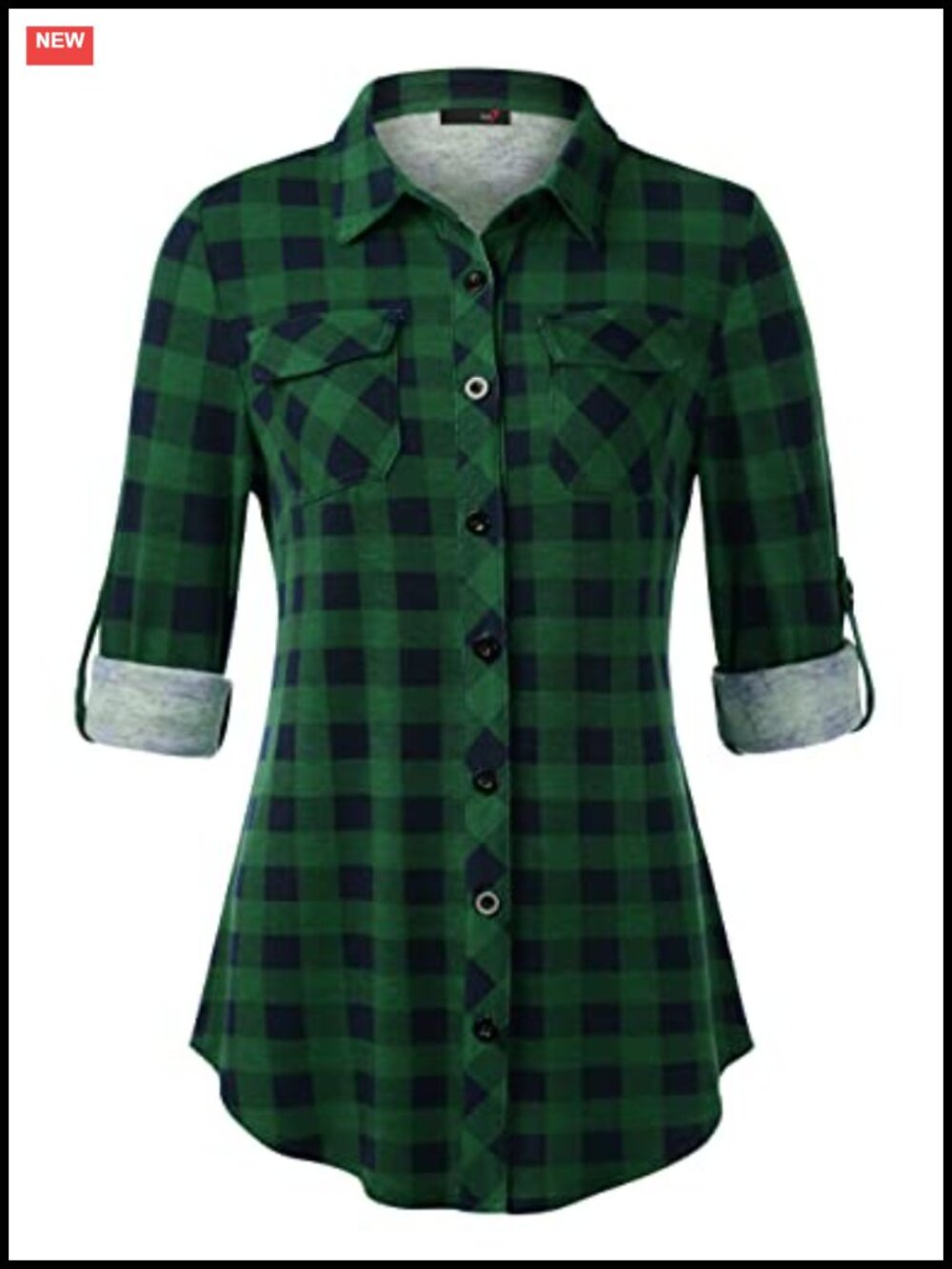 Women's Soft Stretchy Knit Plaid Button Down Shirt Roll Up Sleeve